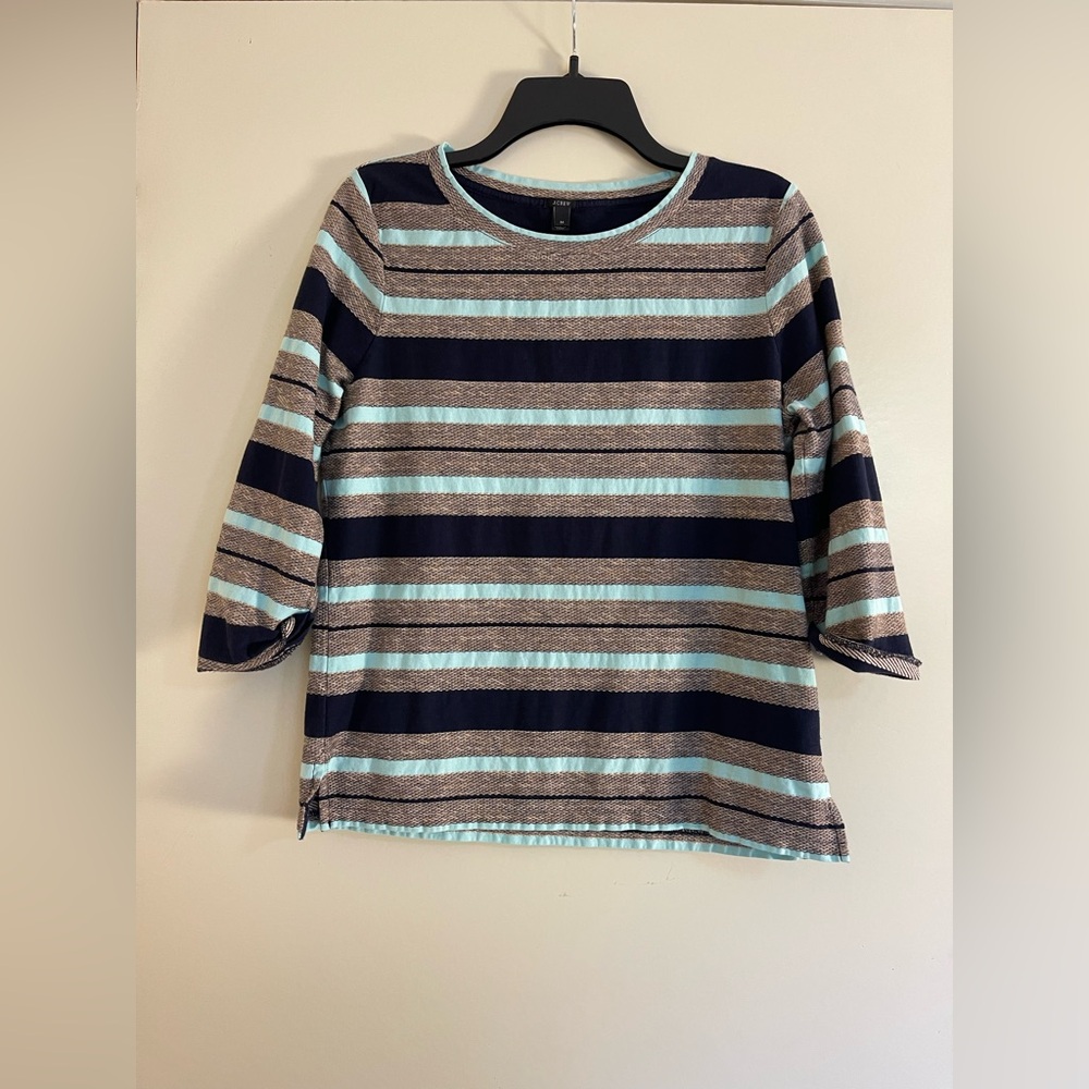 J Crew 3/4 Sleeve Pullover Multi Colored Striped Twill Cotton Top Shirt Sz M
